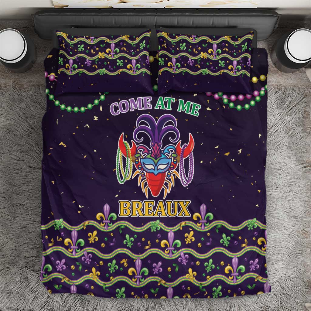Purple duvet cover bedding set with two pillows, fleur-de-lis border and carnival mask print