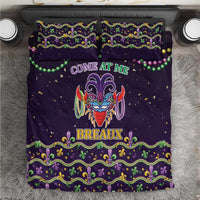 Purple duvet cover bedding set with two pillows, fleur-de-lis border and carnival mask print