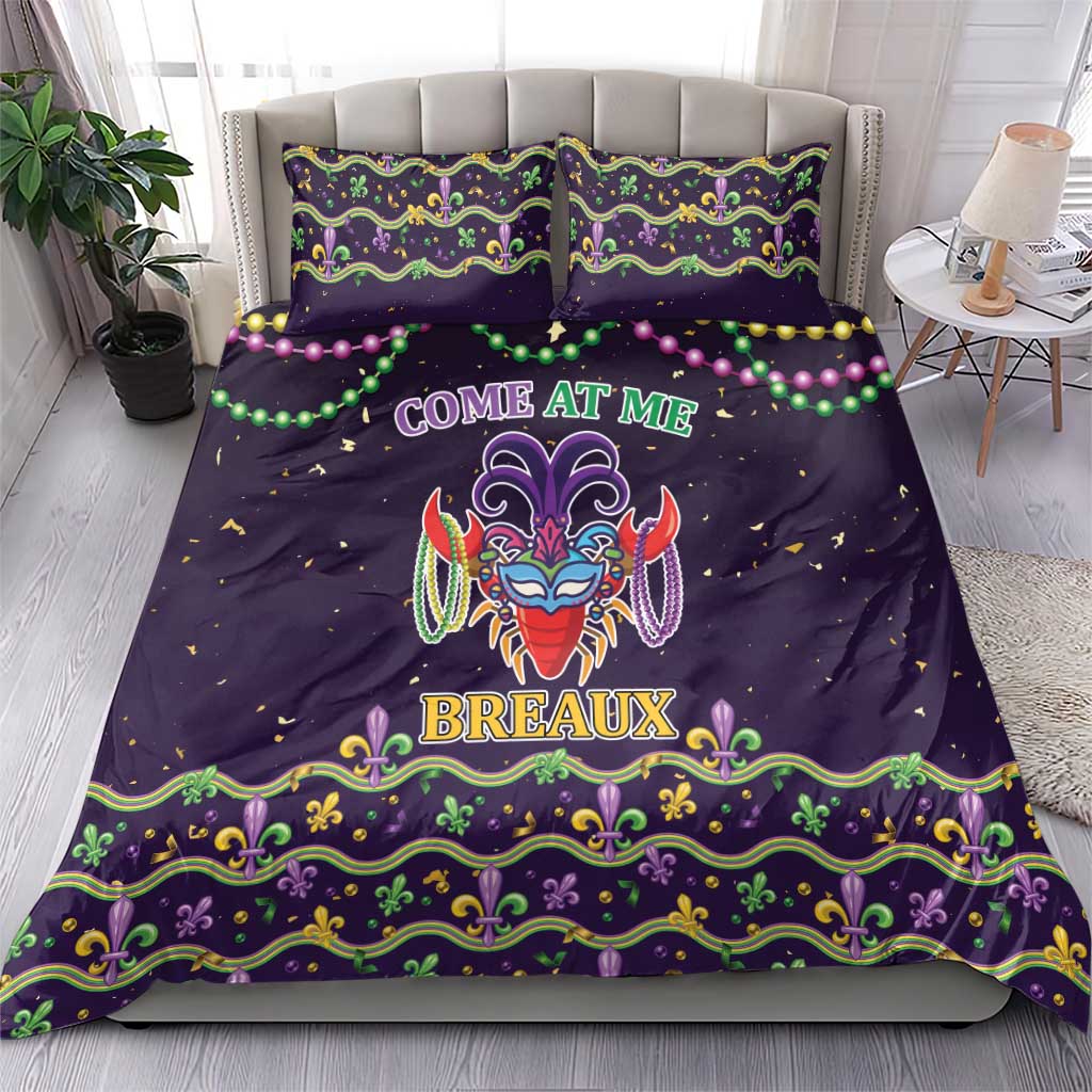Purple bedding set with two pillows: Mardi Gras mask, beads garland trim, and text accents