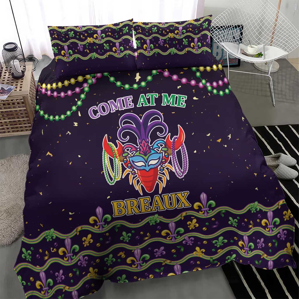 Purple duvet cover with two pillows, colorful carnival mask graphic and ornate green-gold border
