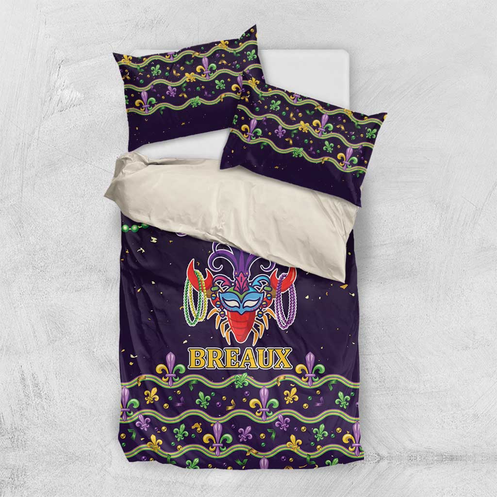 Purple duvet and two pillowcases in flat lay, with carnival mask design and fleur-de-lis border