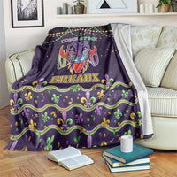 Dark purple Mardi Gras throw blanket with colorful jester mask, COME AT ME, BREAUX and bead trim