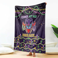 Dark purple Mardi Gras throw blanket featuring jester mask, COME AT ME and BREAUX with bead garlands