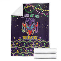Dark purple Mardi Gras blanket with jester mask, COME AT ME and BREAUX, plus bead and fleur-de-lis trim