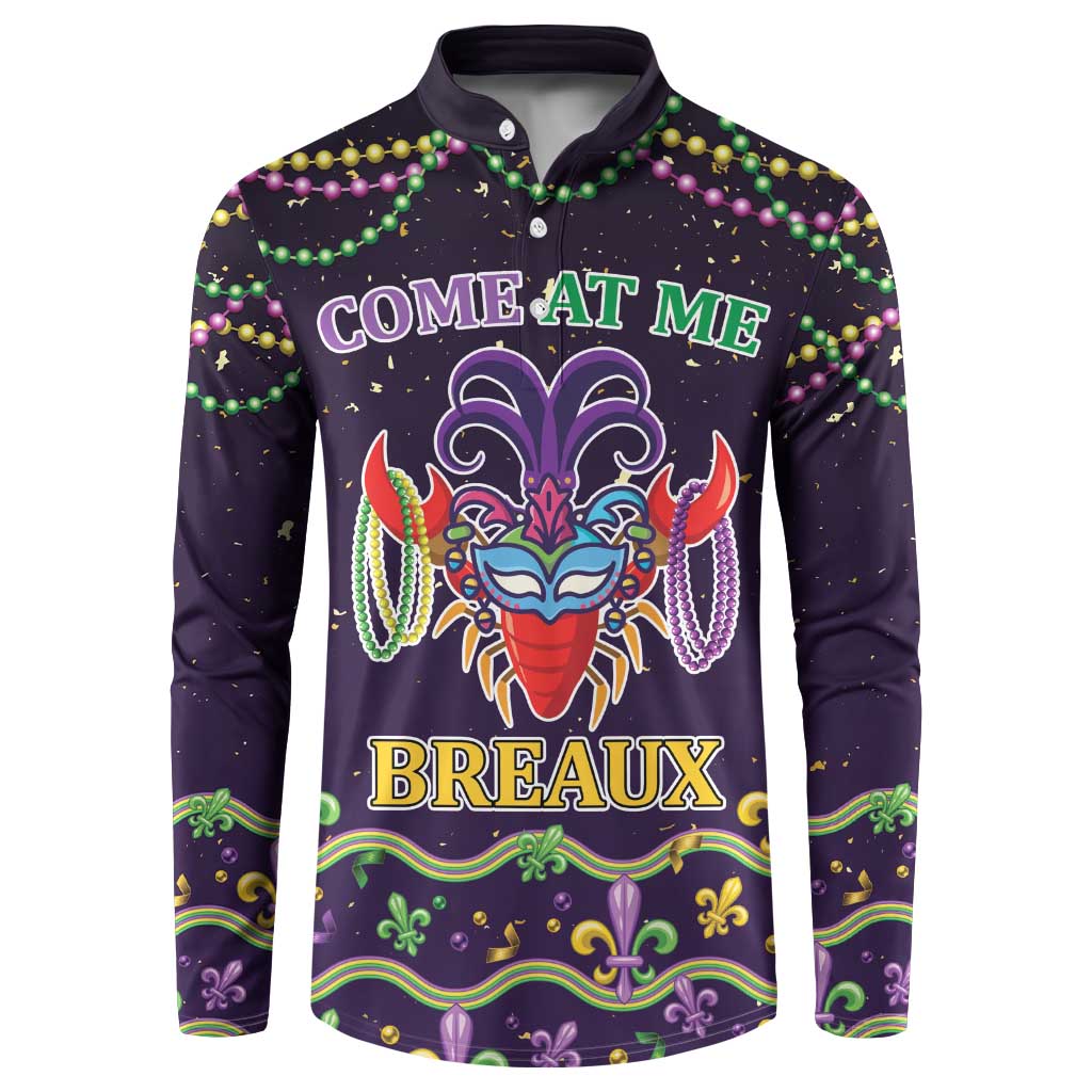 Men's dark button sweatshirt with Mardi Gras mask and Come at Me Breaux print