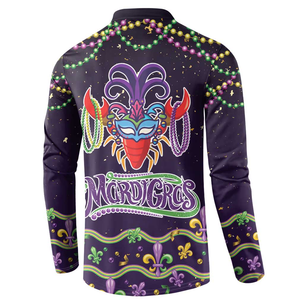 Men's dark button sweatshirt back with Mardi Gras mask graphic and Mardi Gras lettering