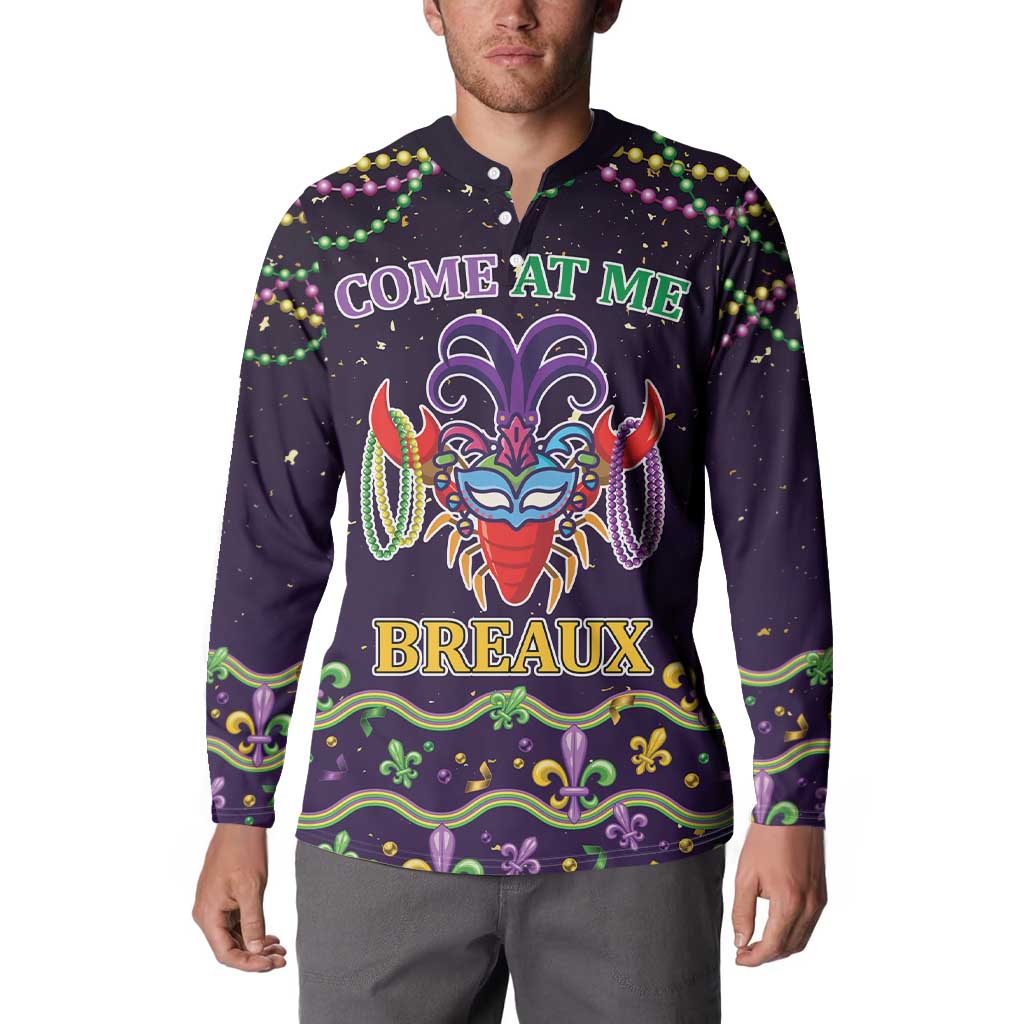 Men's dark button sweatshirt with Mardi Gras mask graphic and fleur-de-lis trim