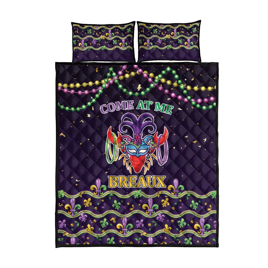 Dark purple quilt bed set with two pillow shams, 'COME AT ME' crawfish graphic