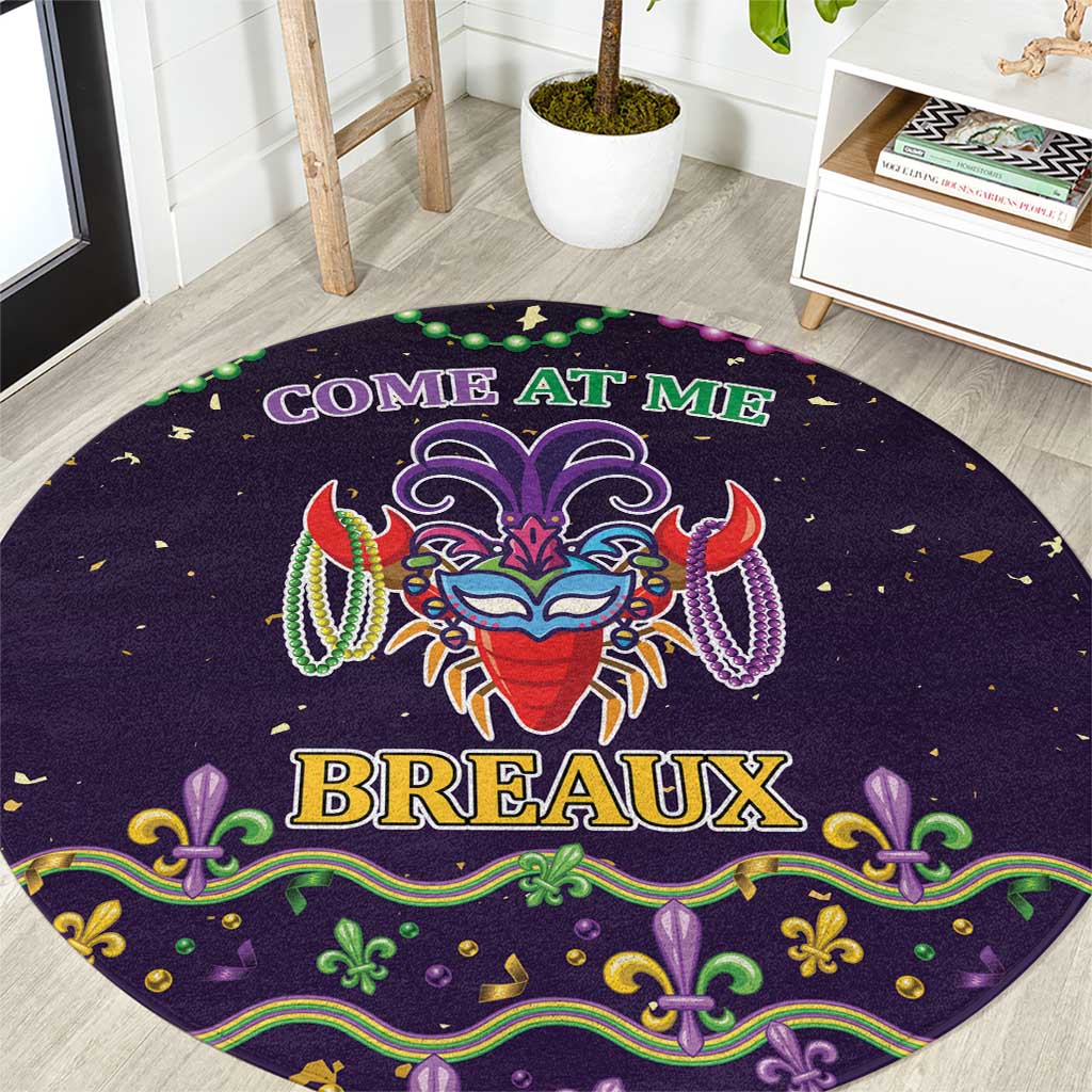 Round dark area rug with Mardi Gras crawfish graphic and “COME AT ME” “BREAUX” text