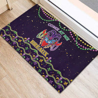 Black rubber Mardi Gras doormat close view: “COME AT ME” and “BREAUX”