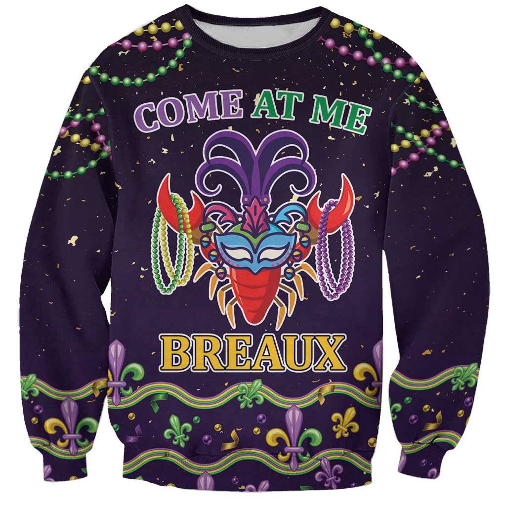 Unisex dark sweatshirt with Mardi Gras-style crawfish graphic and beaded crest text