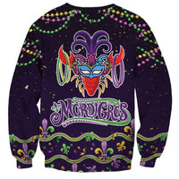 Unisex dark sweatshirt with Mardi Gras crawfish face graphic and multicolor beaded trim