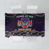Novelty Mardi Gras tablecloth with 'Come At Me Breaux' text and purple green design