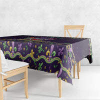 Purple Mardi Gras tablecloth with green-gold ornamental border and scalloped edge