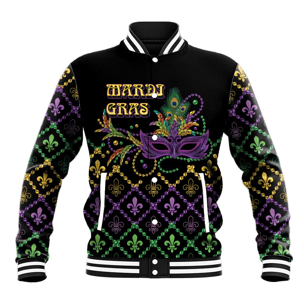 Black baseball jacket with Mardi Gras mask graphic, fleur-de-lis pattern, striped ribbed cuffs