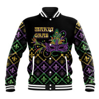 Black baseball jacket with Mardi Gras mask graphic, fleur-de-lis pattern, striped ribbed cuffs