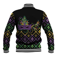 Black baseball jacket back with Mardi Gras mask graphic, fleur-de-lis pattern, striped ribbed hem