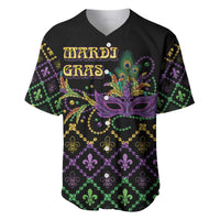 Black Mardi Gras baseball jersey with central purple mask, fleur-de-lis and geometric pattern