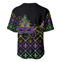 Black Mardi Gras baseball jersey back with purple fleur-de-lis mask and geometric bead pattern