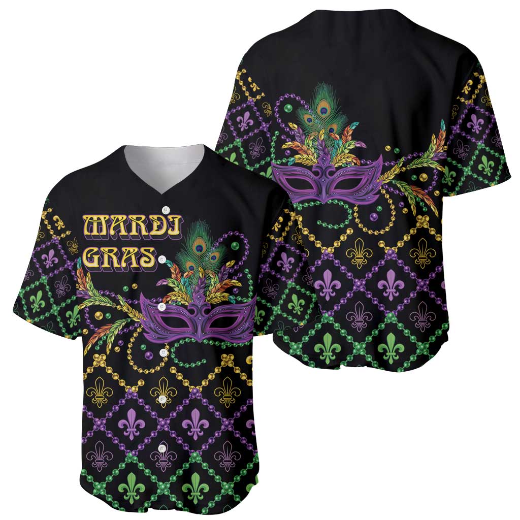 Black Mardi Gras baseball jersey set with front and back views, mask and geometric fleur-de-lis print