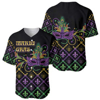 Black Mardi Gras baseball jersey set with front and back views, mask and geometric fleur-de-lis print