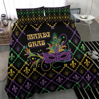 Geometric Mardi Gras duvet and pillow set with purple mask, beads, and gold fleur-de-lis