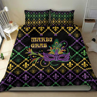 Mardi Gras bedding set with geometric fleur-de-lis design, purple mask, and gold accents