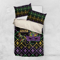 Mardi Gras bedding set with matching pillowcases and duvet in purple, green, and gold