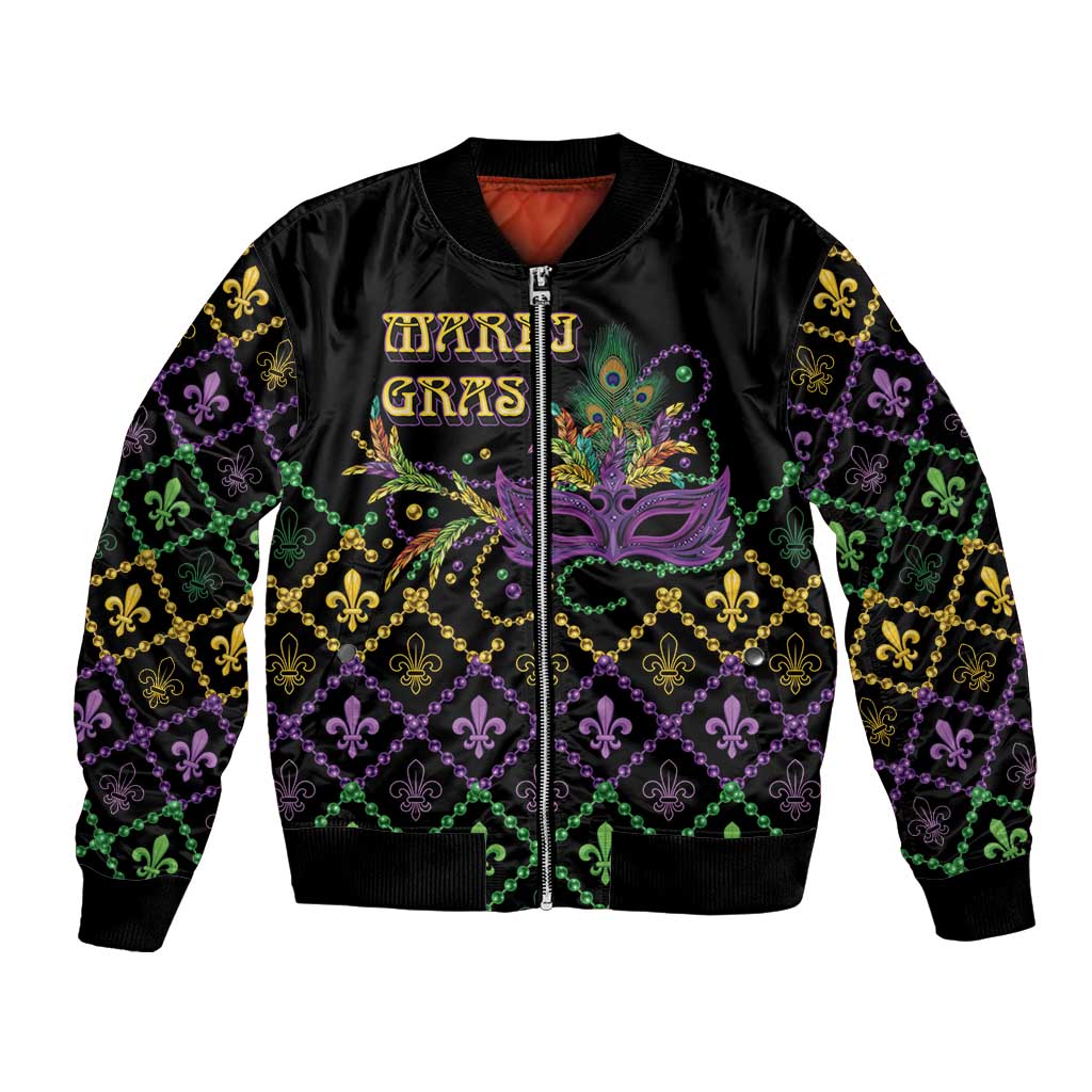 Black unisex bomber jacket with colorful Mardi Gras mask and fleur-de-lis print