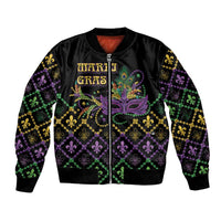 Black unisex bomber jacket with colorful Mardi Gras mask and fleur-de-lis print