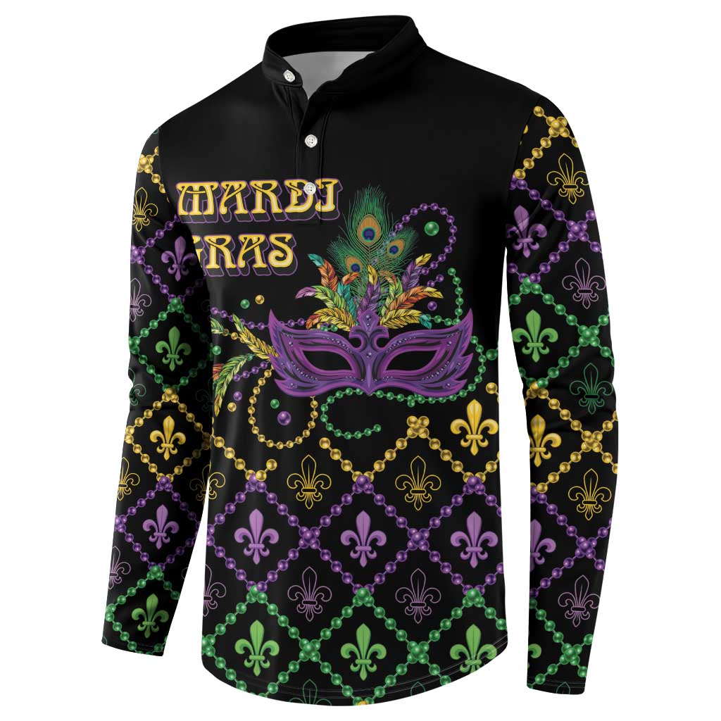 Black button sweatshirt with colorful mardi gras mask, fleur-de-lis and bead chain pattern.