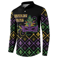 Black button sweatshirt with colorful mardi gras mask, fleur-de-lis and bead chain pattern.