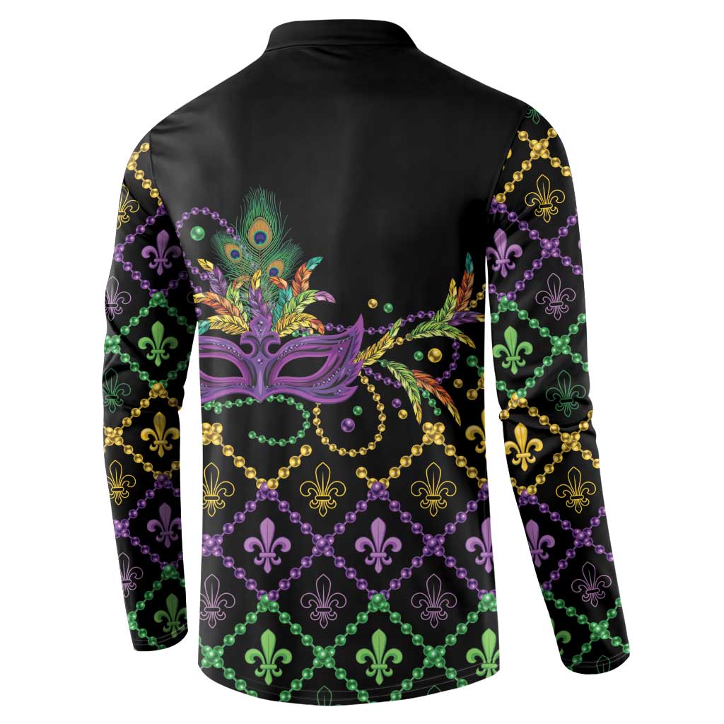 Black button sweatshirt back with peacock mask graphic and fleur-de-lis geometric lattice.