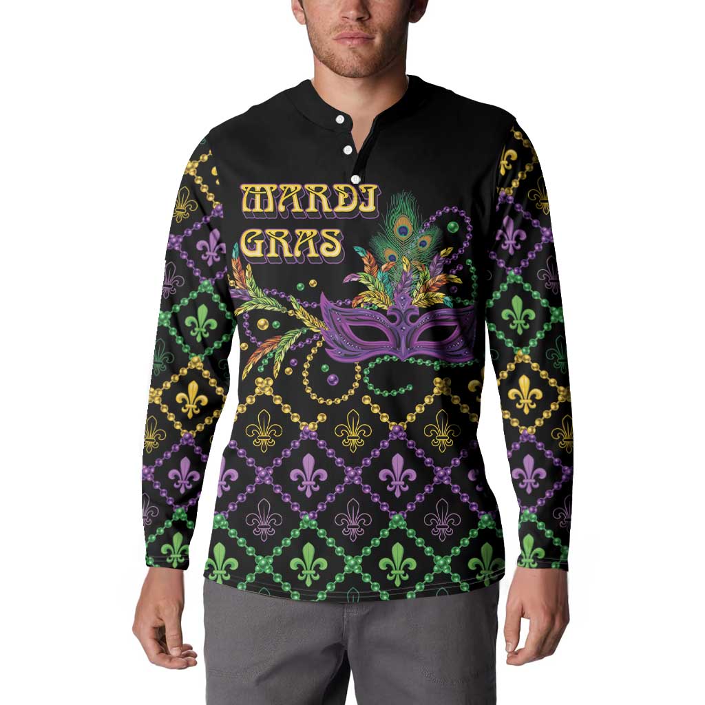 Black button sweatshirt with colorful mardi gras mask, long sleeves, front button placket.