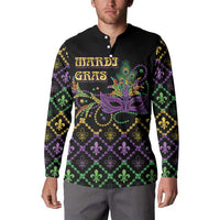 Black button sweatshirt with colorful mardi gras mask, long sleeves, front button placket.