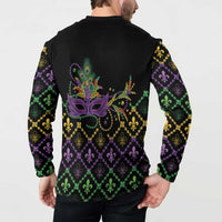 Black button sweatshirt back print with peacock mask and fleur-de-lis bead chain pattern.