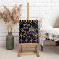 Mardi Gras canvas wall art on easel with purple mask, gold fleur-de-lis, and dark geometric pattern