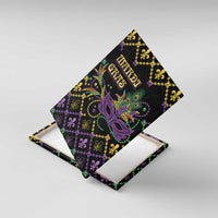 Mardi Gras canvas wall art close-up angled view, black background with purple mask and 'Mardi Gras' text