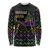 Black long-sleeve shirt with Mardi Gras mask and fleur-de-lis geometric pattern