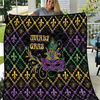 Mardi Gras geometric quilt in black with gold, purple, green fleur-de-lis and mask
