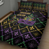 Black quilt bed set with Mardi Gras mask center and bead-like purple, green, gold pattern