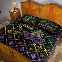 Black quilt bed set with fleur-de-lis and Mardi Gras mask motif; purple green gold accents