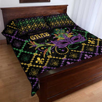 Black quilt bed set with Mardi Gras fleur-de-lis border and purple, green, gold bead details