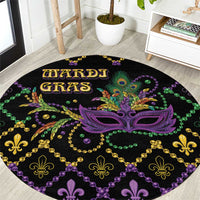 Black round Mardi Gras carpet with purple mask, fleur-de-lis and beaded geometric pattern