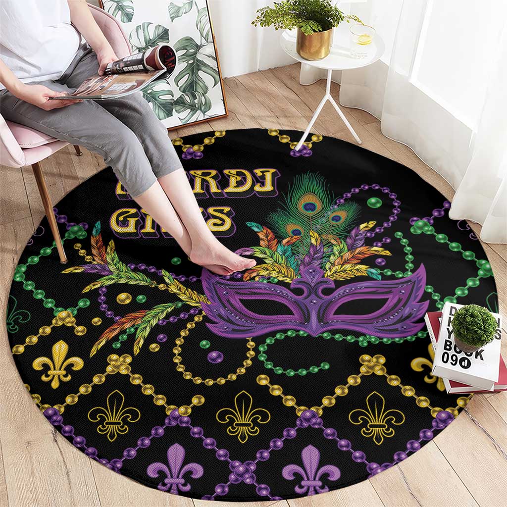 Black round Mardi Gras carpet with purple masquerade mask and colorful fleur-de-lis design