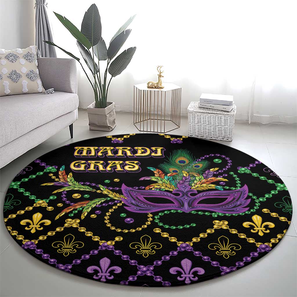 Black round Mardi Gras carpet with purple masquerade mask and gold-green fleur-de-lis pattern