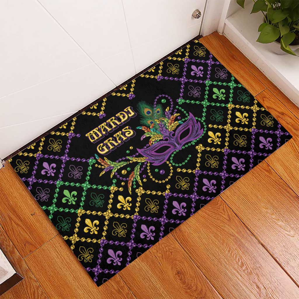 Mardi Gras rubber doormat in corner layout, purple mask and fleur-de-lis lattice design