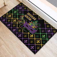 Mardi Gras rubber doormat with purple mask graphic and multicolor fleur-de-lis grid