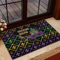 Mardi Gras rubber doormat featuring fleur-de-lis geometric pattern and purple mask centerpiece