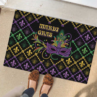 Mardi Gras rubber doormat with “MARDI GRAS” lettering, purple mask, and fleur-de-lis lattice
